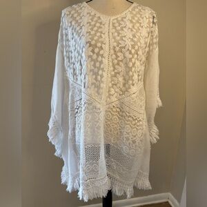 Pure white floral lace fringe swim cover up tunic top SZ S/M